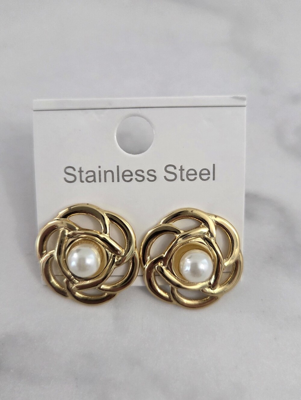 Gold Tone Pearl Flower Knot Stud Earrings Elegant Statement Jewelry